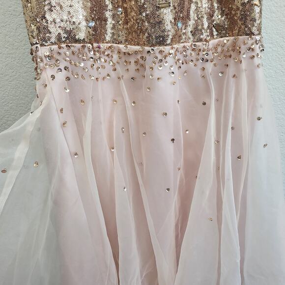 Peach Gold Sequin Beaded Rhinestone Strapless Evening Gown 6 Mermaid Style Flowy - Picture 4 of 4